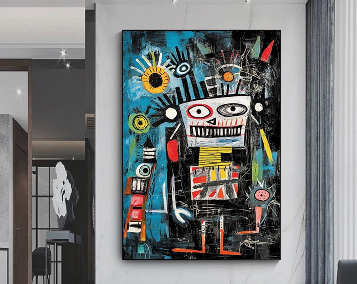 Raske Neo Expressionist Bold Blue Abstract Face Graffiti Poster