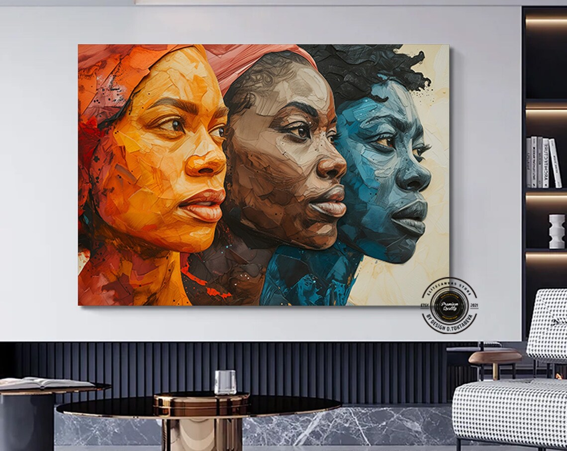 Three Women Profiles Orange Blue Painted Portrait Faces Poster