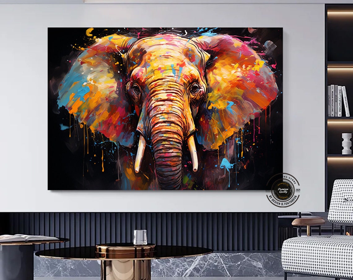 Elephant Print Art On Canvas Large Pop Wall Colorful Painting African Decor