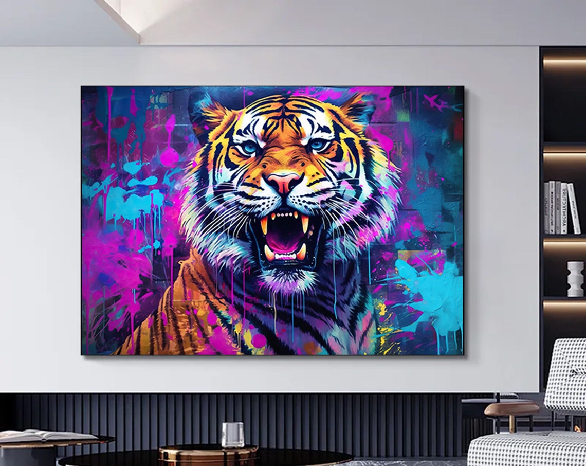 Roaring Tiger Pop Art Neon Purple Blue Graffiti Paint Art Poster