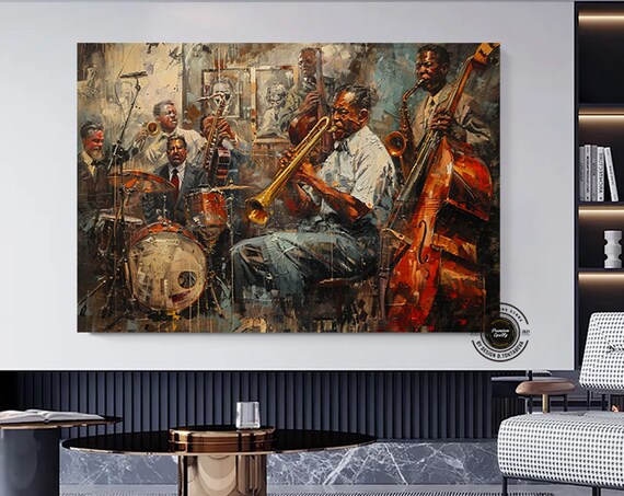 Vintage Jazz Band Live Performance Trumpet Saxophone Oil Art Poster
