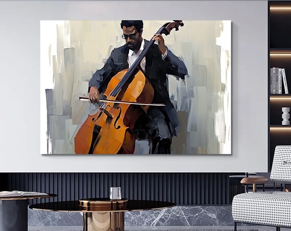 Cellist in Dark Suit Expressive Cello Player Painting on White Poster