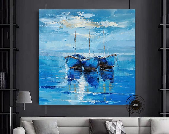 Three Blue Fishing Boats Calm Sea Impasto Seascape Art Poster