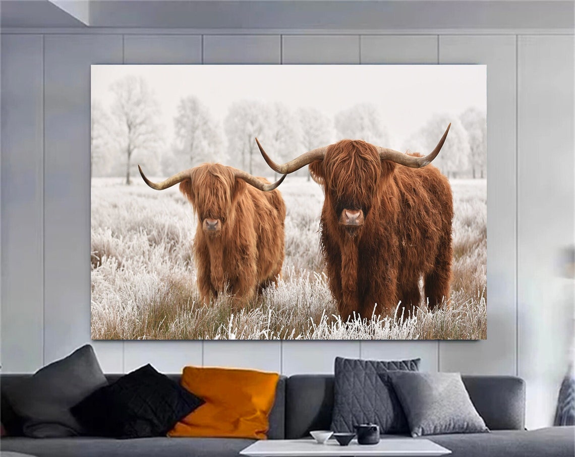 Two Highland Cows Frosty Winter Field Rustic Farmhouse Art Poster