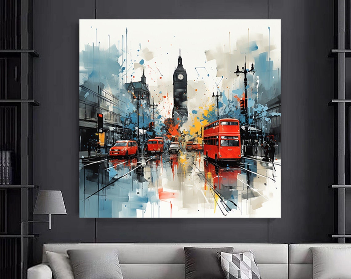 London Big Ben Red Bus Rainy Street Watercolor City Scene Poster