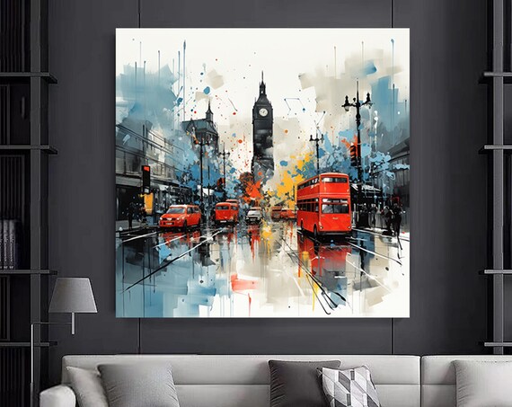 London Big Ben Red Bus Rainy Street Watercolor City Scene Poster