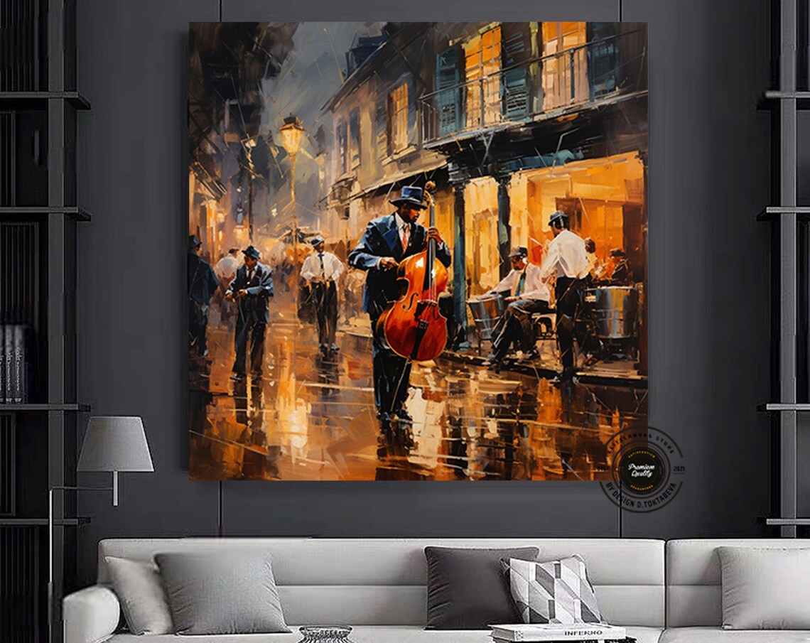 Jazz Musicians Playing on Rainy Night Street Painting Poster