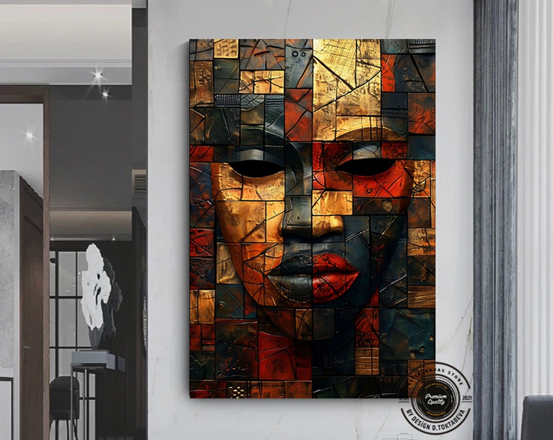 African Tribal Mask Mosaic Face Bold Warm Earth Tones Art Poster