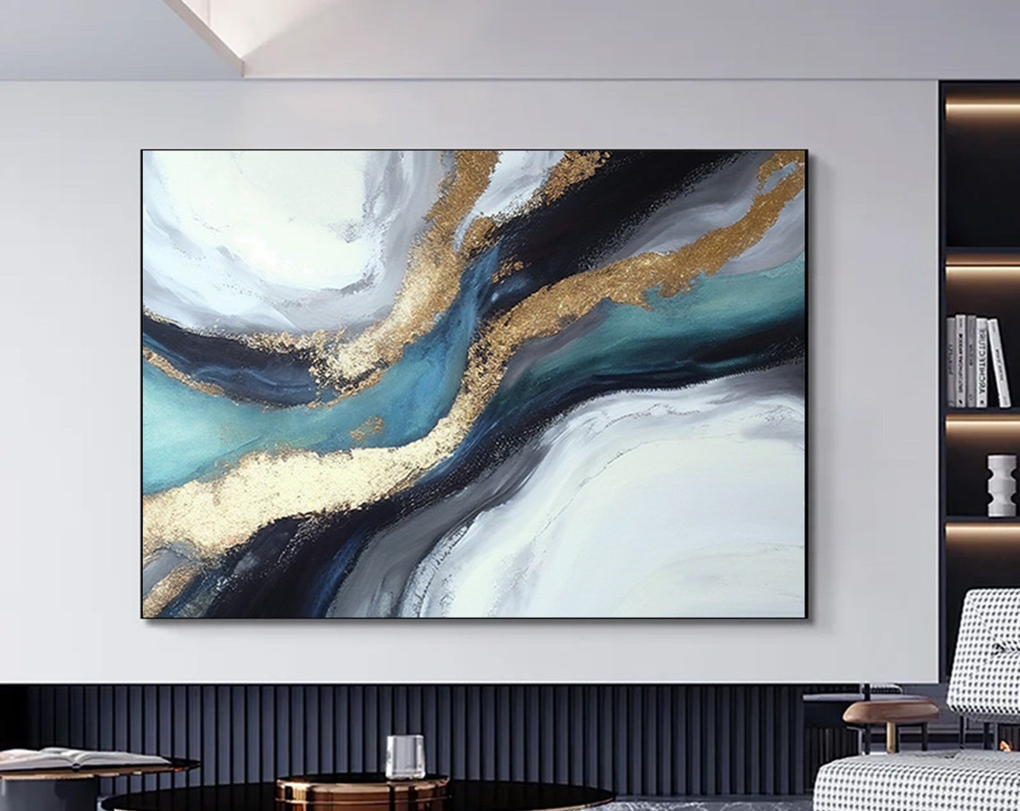 Navy Blue and Gold Marble Fluid Abstract Elegant Waves Poster