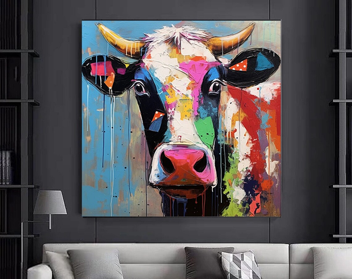 Colorful Pop Art Cow Portrait Blue Painting Farm Decor Poster