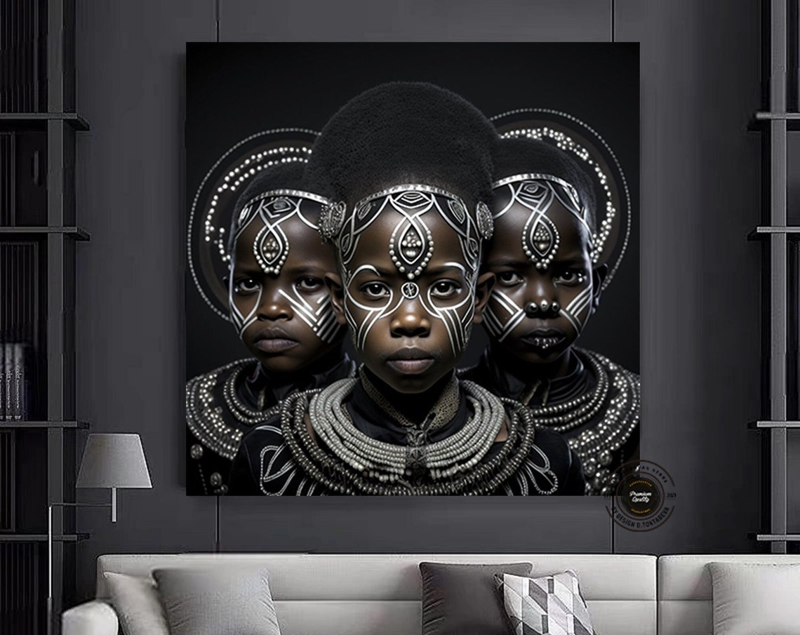 Three African Children Tribal Face Paint Beads Dark Art Poster