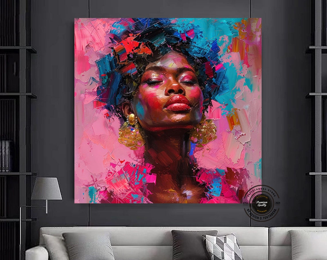 African Woman Portrait Pink and Blue Impasto Pop Art Style Poster