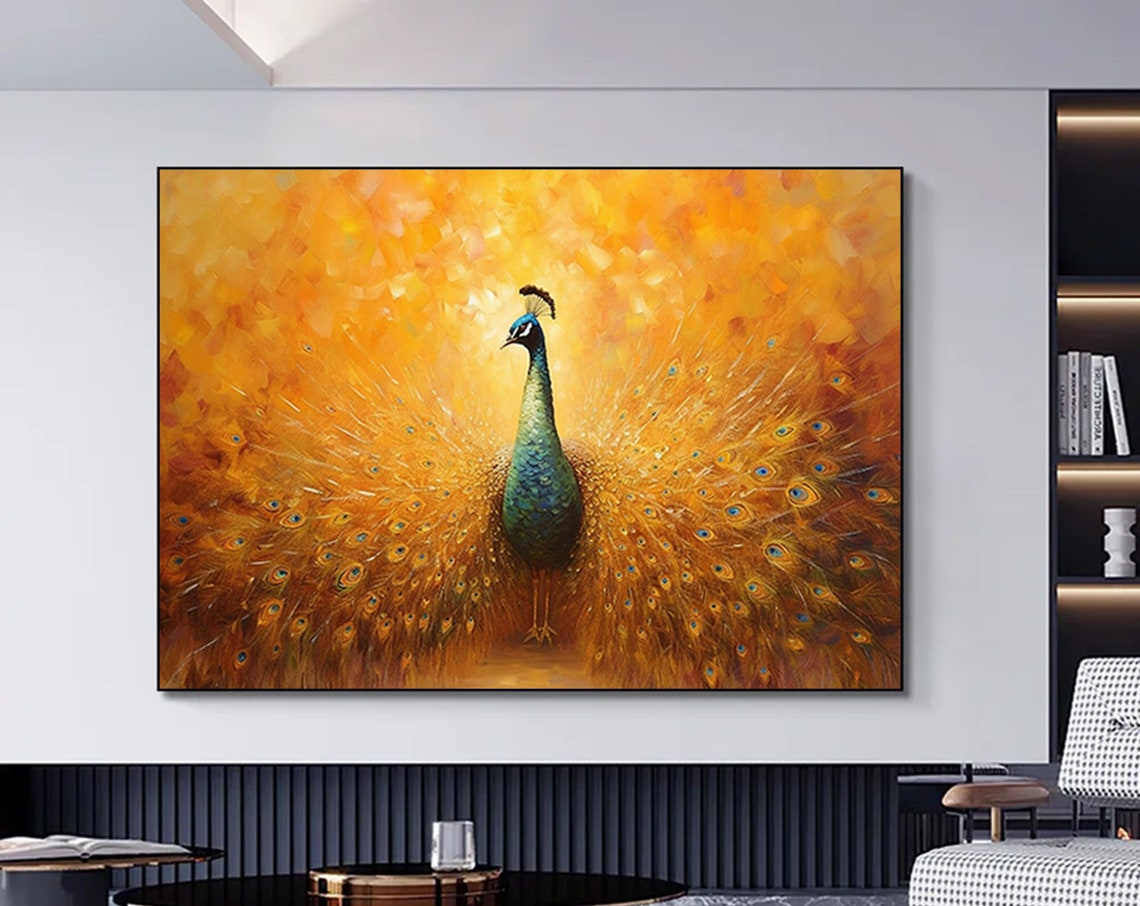 Golden Peacock Feather Fan Orange Painting Bird Portrait Fine Poster