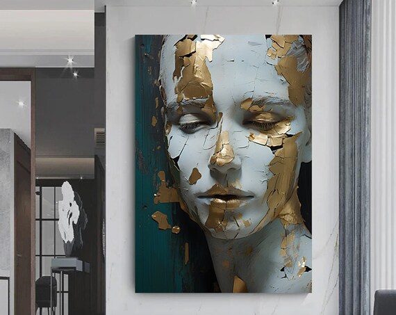 Cracked Porcelain Face Gold Leaf Sculpture Woman Kintsugi Poster