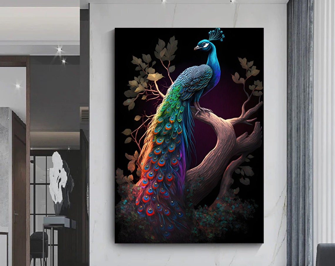 Peacock on Branch Night Iridescent Tail Feathers Canvas Art Poster