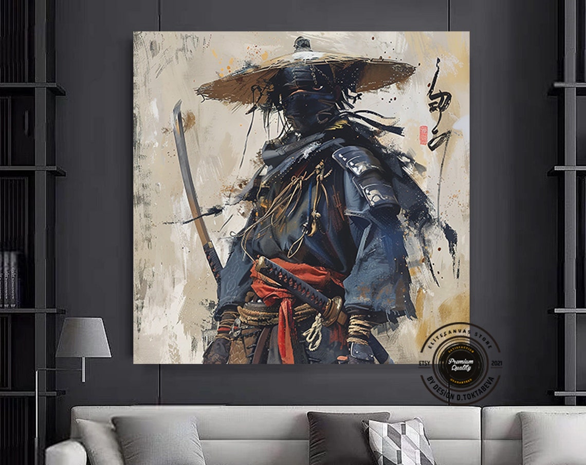 Masked Samurai Straw Hat Katana Ink Wash Japanese Warrior Poster