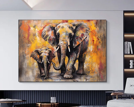 Mother And Baby Elephant Print Walking Canvas Wall Art Painting Animal Kingdom Ready To Hang