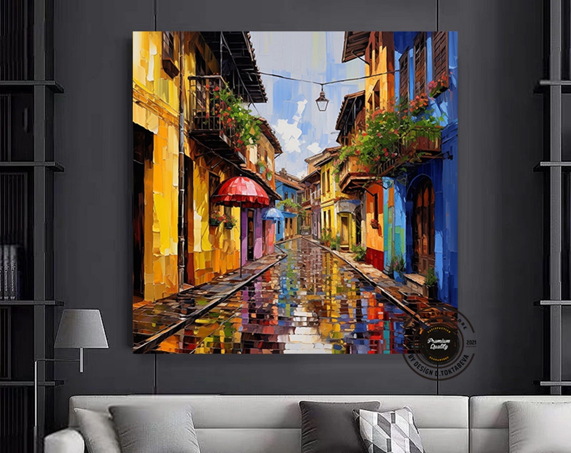 Colorful Street After Rain Wet Cobblestone City Scene Poster