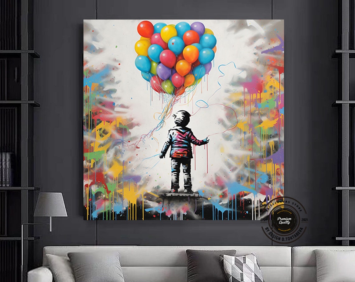 Small Child Holding Colorful Balloon Bunch Street Art Poster