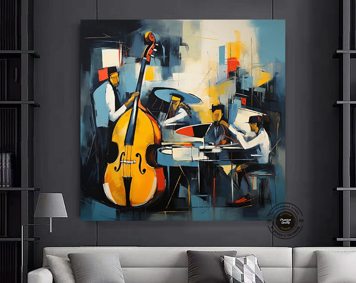 Jazz Quartet Double Bass Blue Gold Abstract Music Art Poster