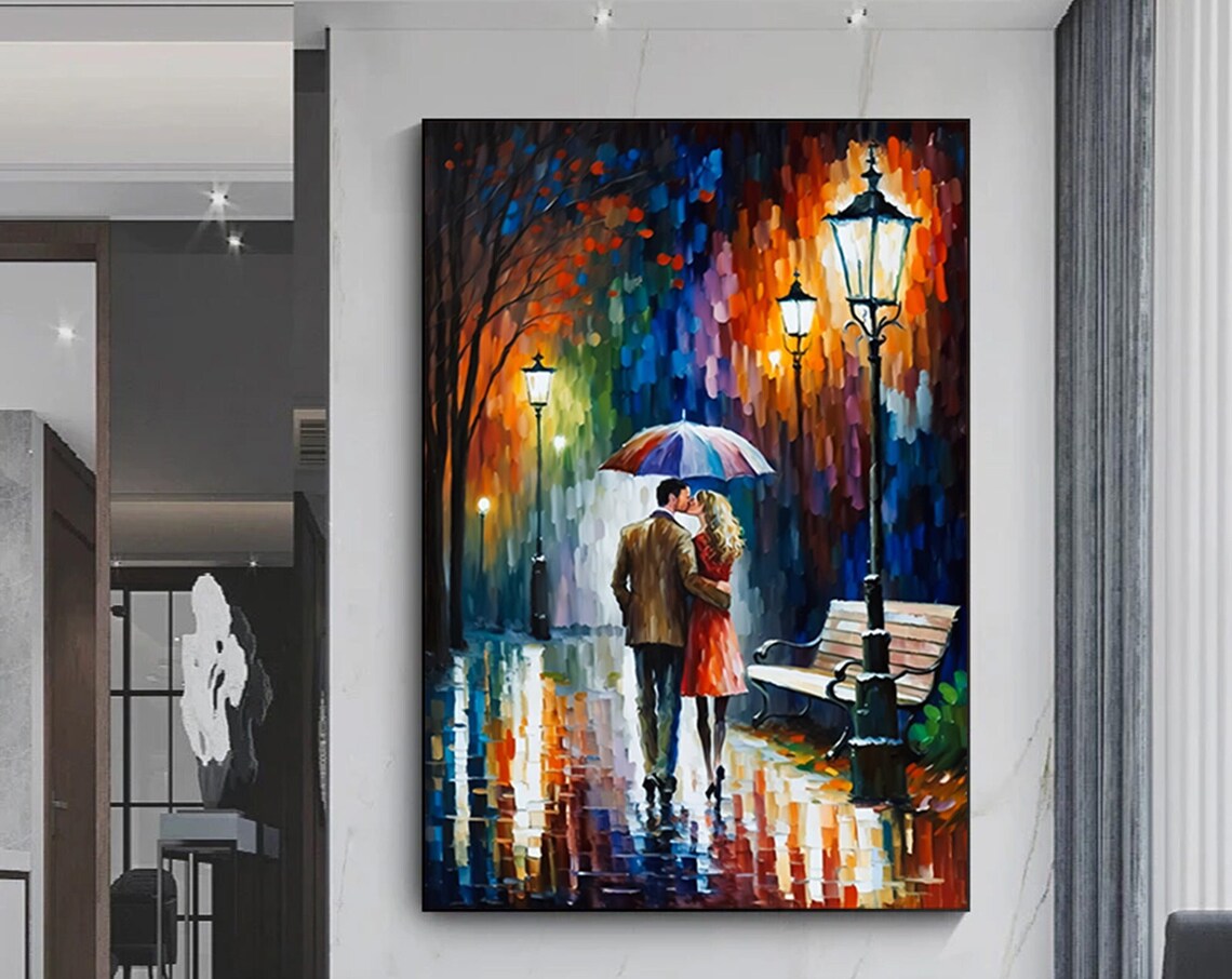 Couple Kissing Under Umbrella Rainy Night Street Scene Art Poster