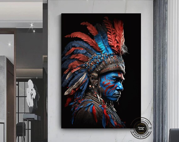 Native American Chief Feather Headdress Blue Red Tribal Art Poster