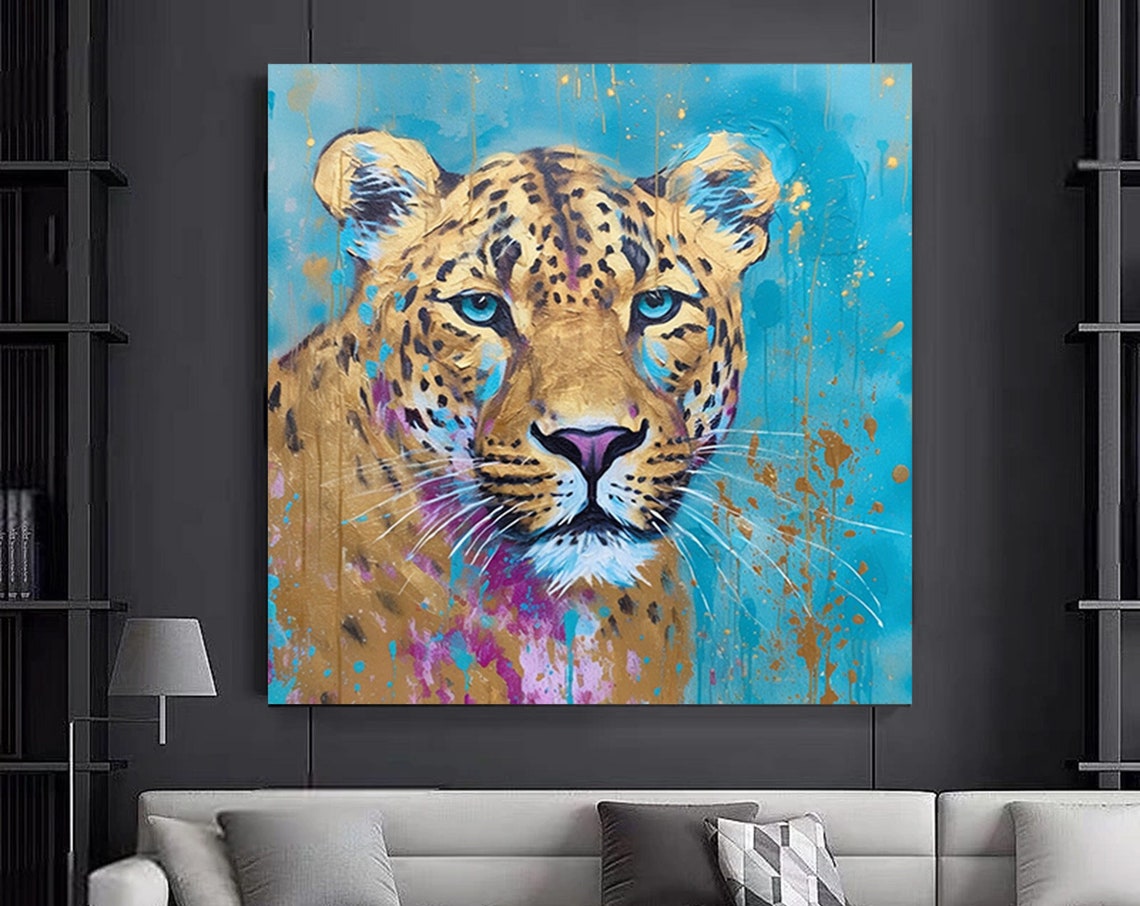 Abstract Blue Eyed Leopard Wall Art Animal Gold Color Canvas Ready To Hang