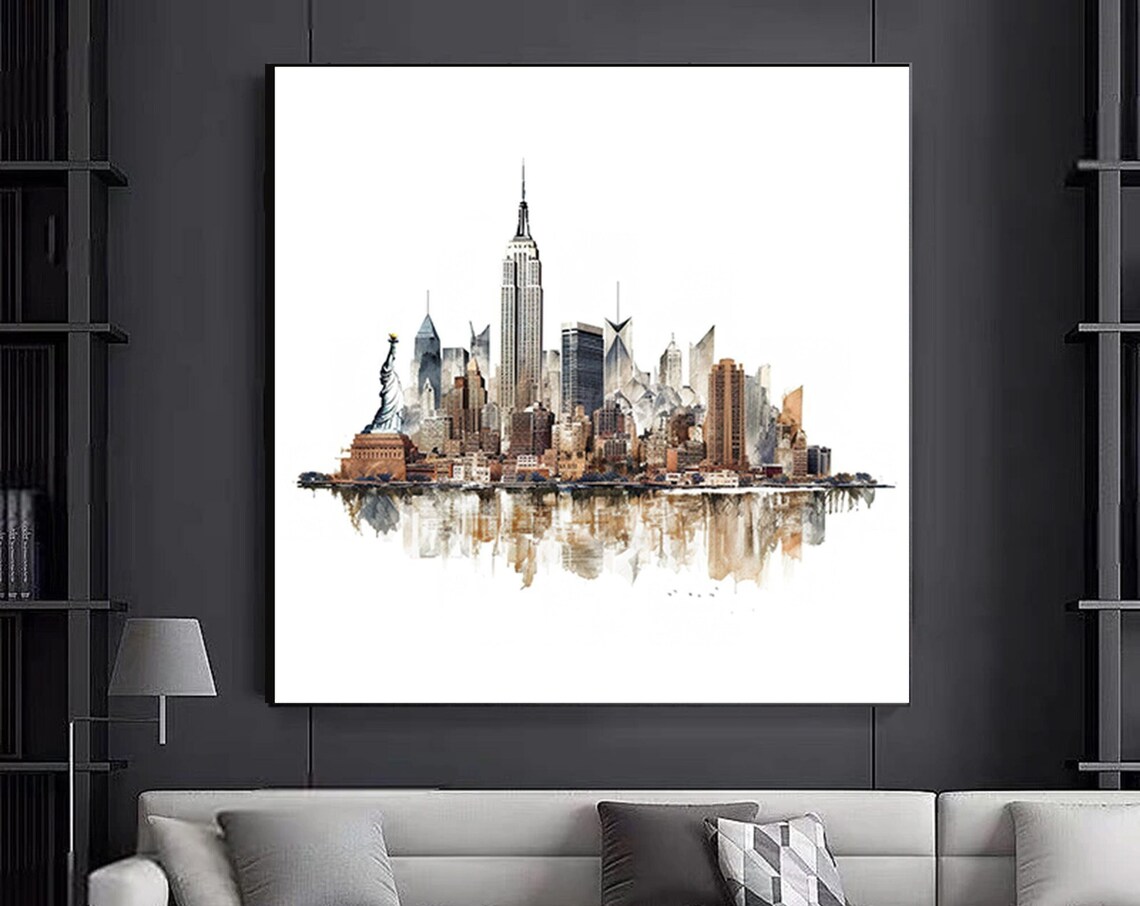 New York City Skyline Watercolor Statue Of Liberty Cityscape Poster