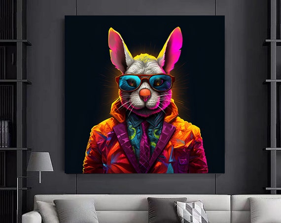 Brightly Colored Rabbitbunny In Suit Wearing Glasses Canvas Wall Artcute Animal Art
