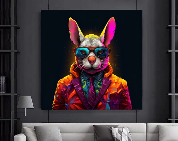 Cool Rabbit in Suit Sunglasses Neon Pop Art Canvas Display Poster