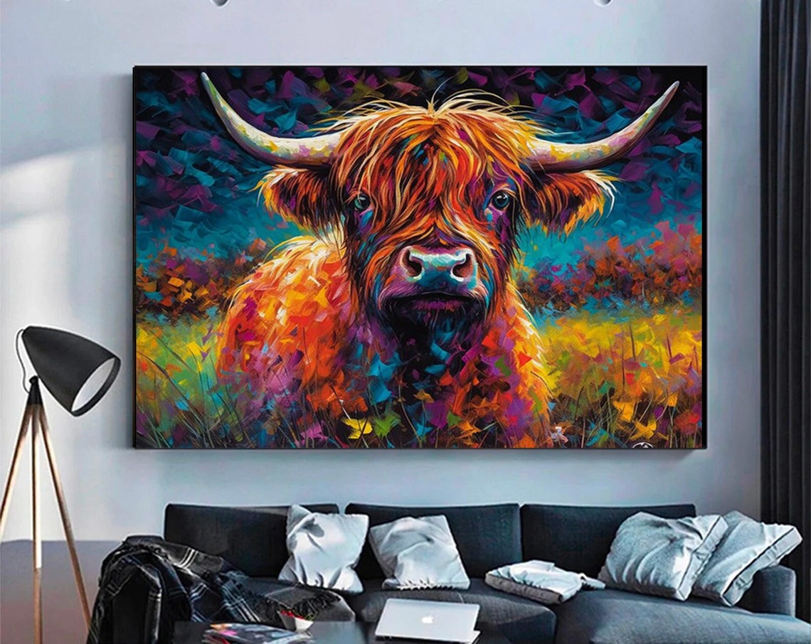 Colorful Highland Cow Canvas Art Scottish Farm Animal Wall Art