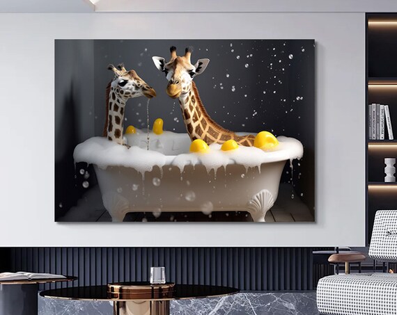 Giraffe In Bathtub Funny Animal Wall Decor Humorous Baby Portrait Colorful Painting Quirky Art Home