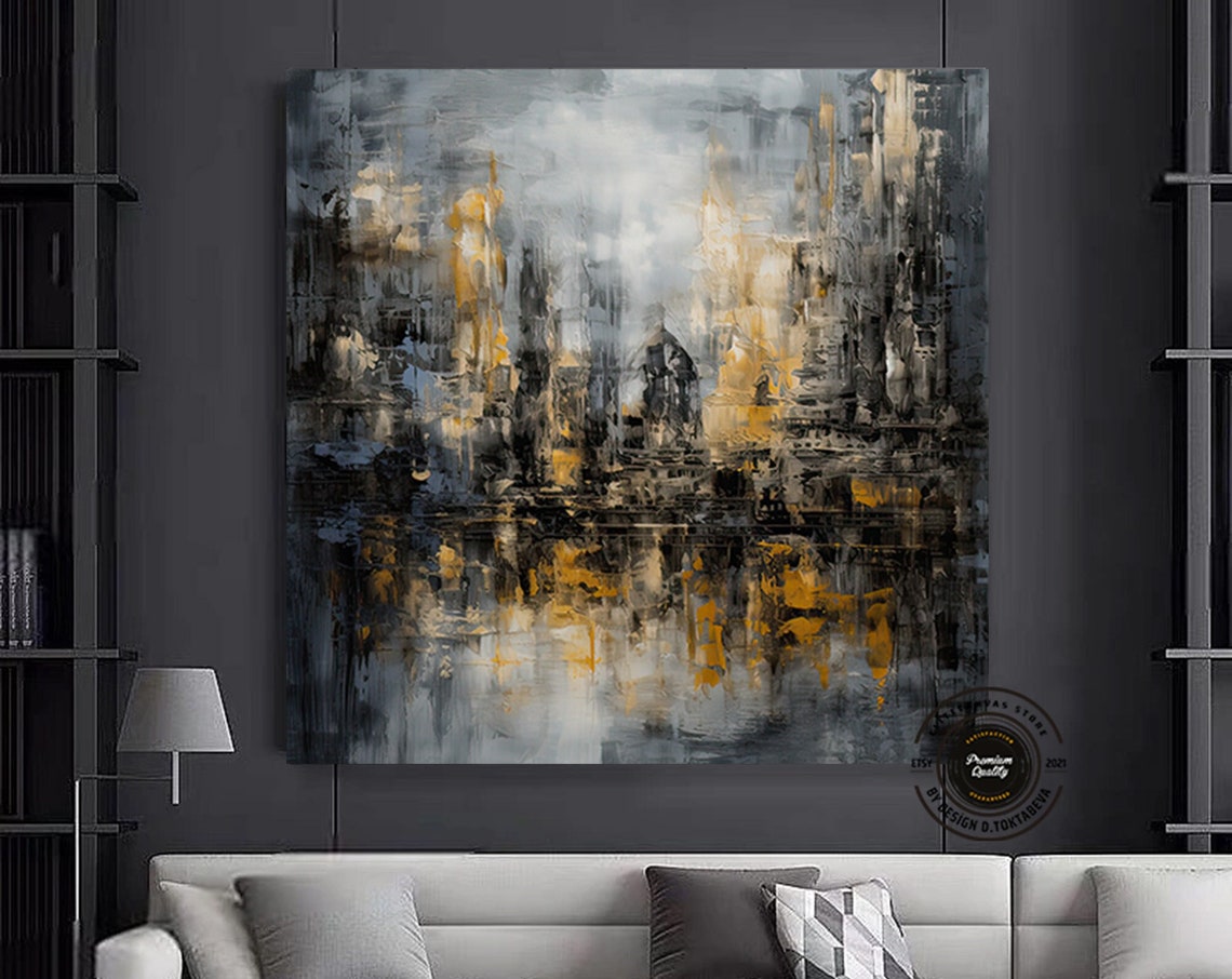 Abstract Grey Gold Cityscape Moody Modern Large Painting Poster