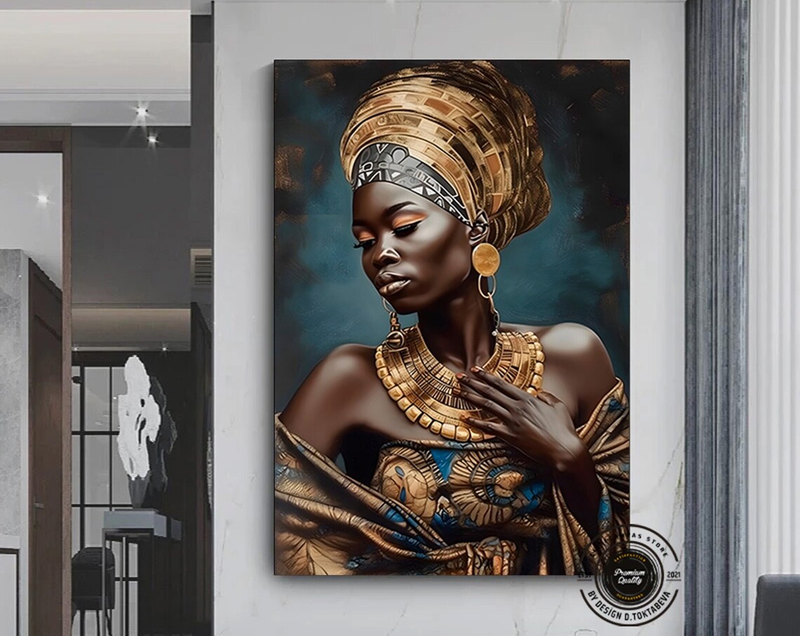 African Queen Gold Headwrap Jewelry Portrait on Teal Canvas Poster