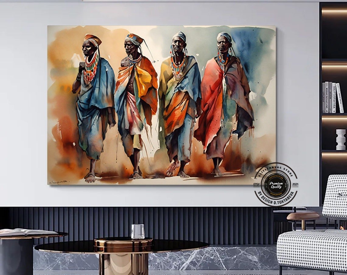 Maasai Tribal Men Watercolor Cultural Walking Artwork Poster