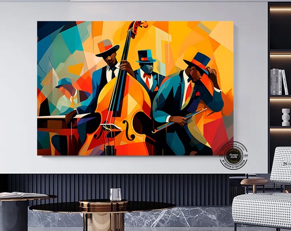 Cubist Jazz Trio Double Bass Piano Saxophone Bold Colors Art Poster