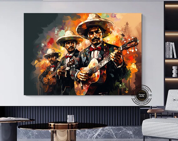 Mariachi Band Guitarists Sombreros Red Fiesta Music Art Poster