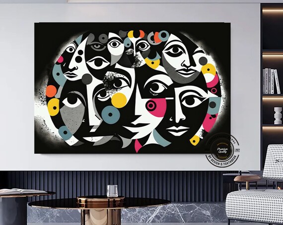 Pop Art Faces Collage Black White Bold Graphic Circle Poster