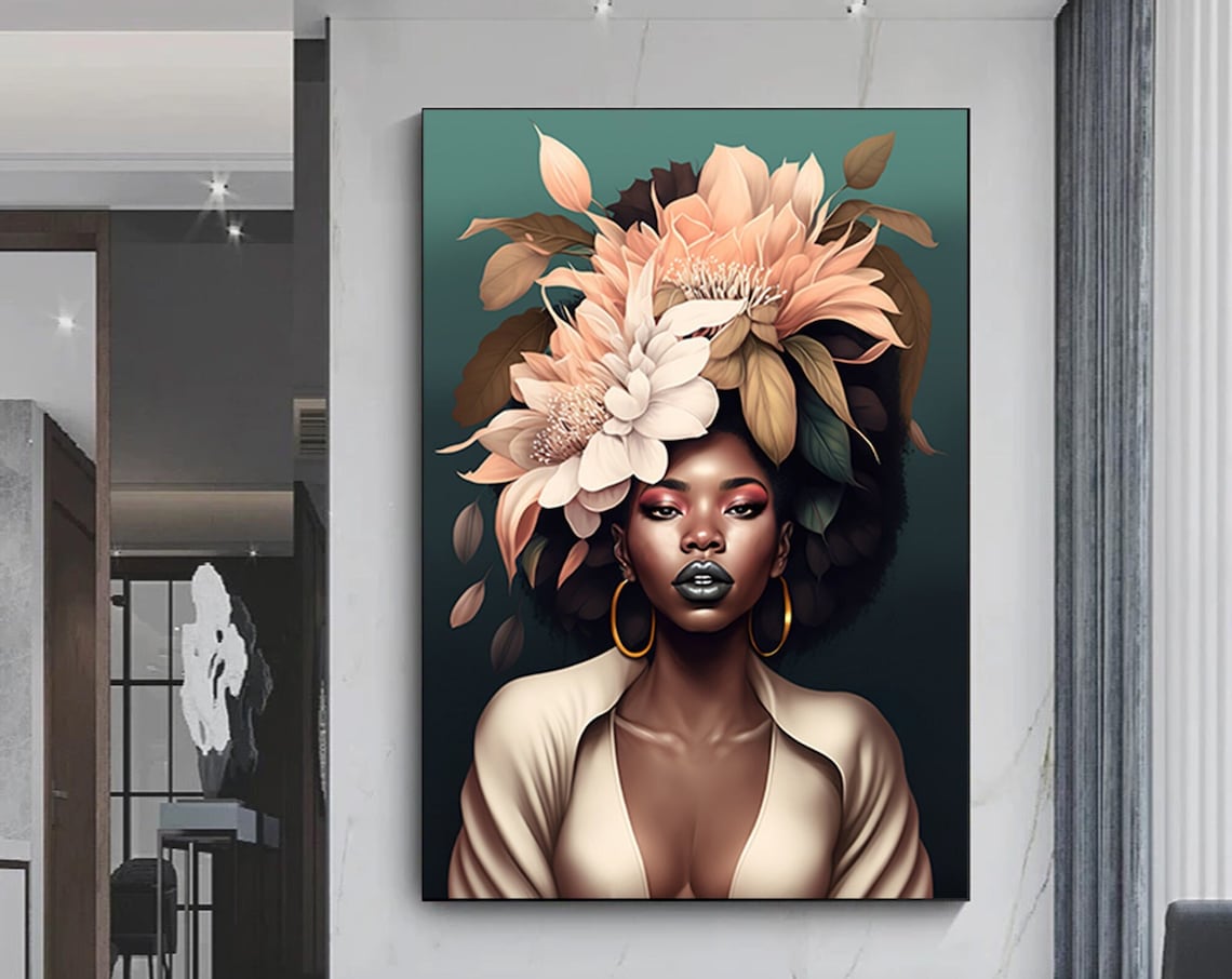 Woman Floral Crown Portrait Gold Hoops Teal Background Poster