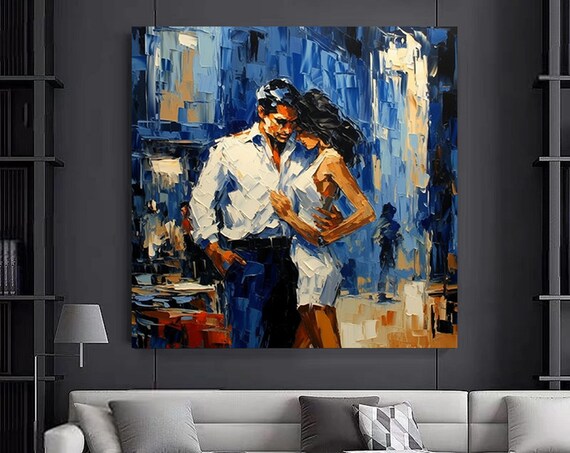 Romantic Dancing Couple Blue Palette Knife Oil Canvas Art Poster