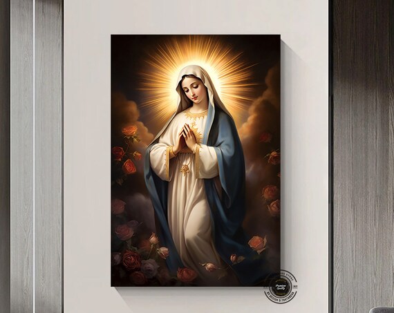 Virgin Mary Praying with Roses Beneath a Golden Halo Art Poster