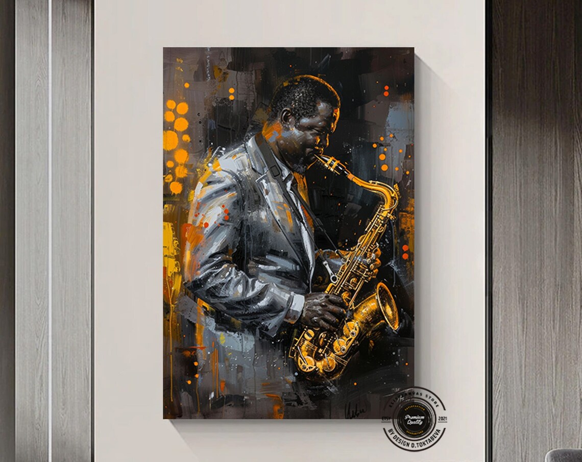 Jazz Saxophonist Golden Saxophone Dark Nightclub Painting Poster