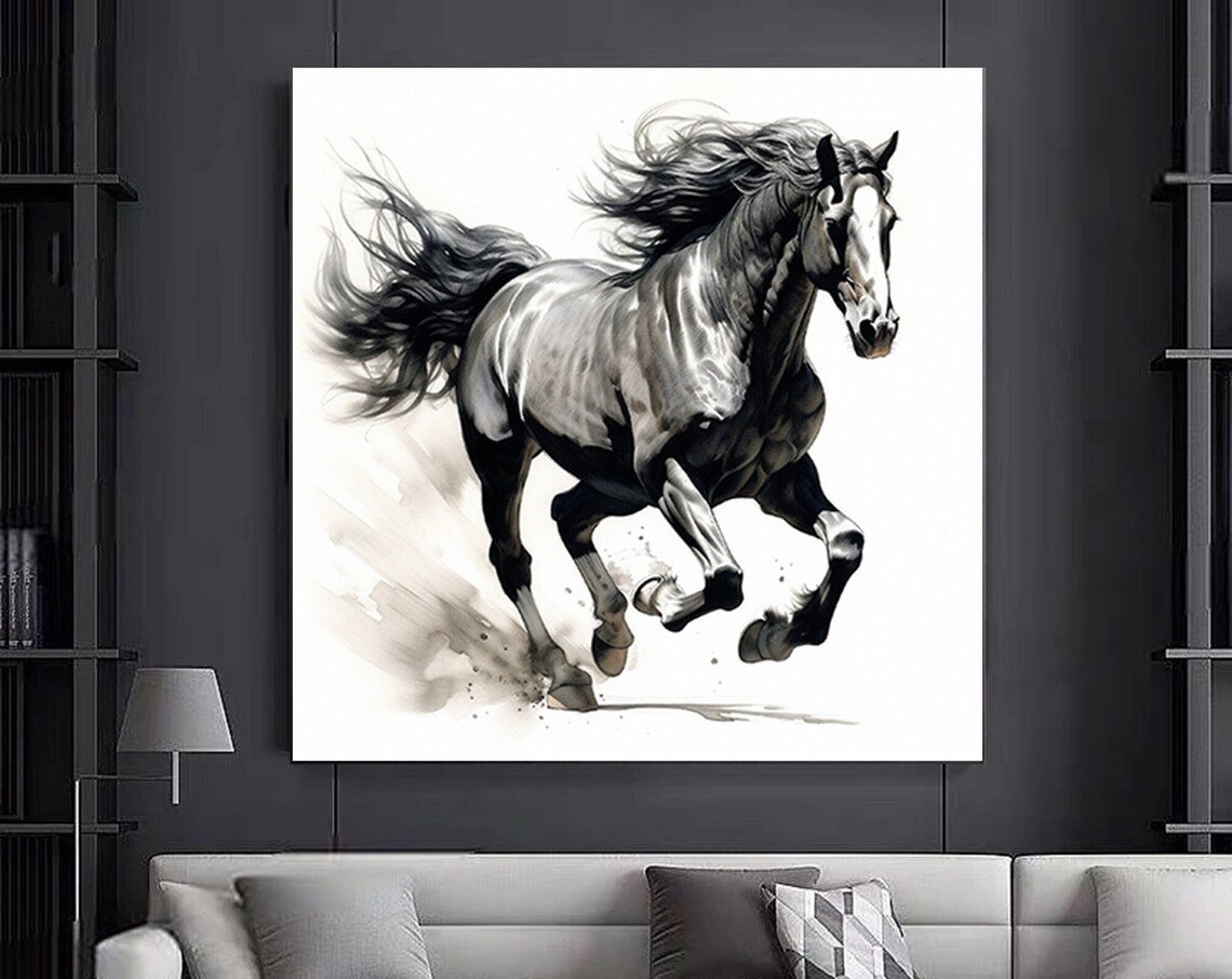 Black Horse Galloping Monochrome Watercolor Ink Wash Style Art Poster