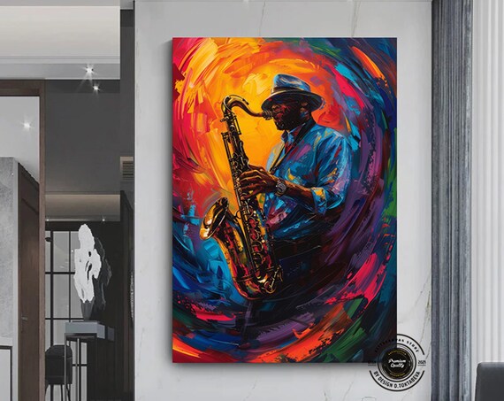 Saxophone Player in Hat Vibrant Swirling Colorful Jazz Art Poster