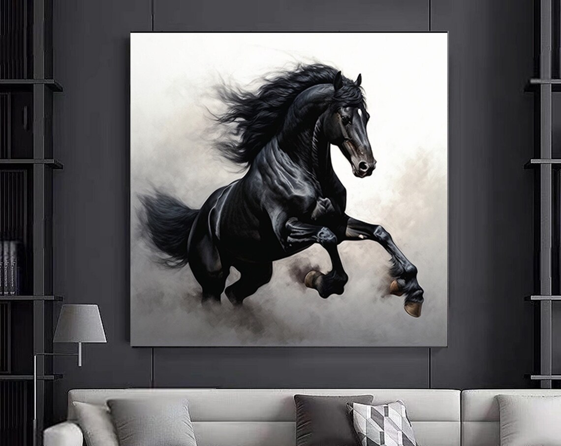 Black Stallion Horse Rearing Silver Mist Dramatic Power Art Poster