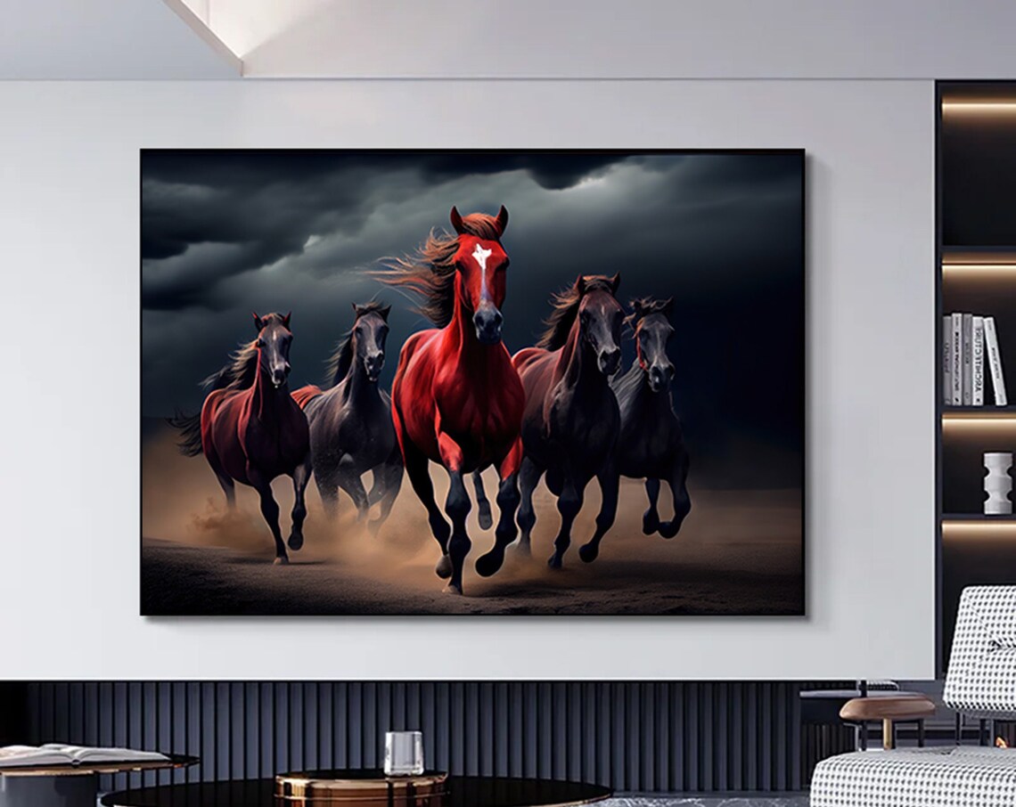 Wild Horses Running Red Lead Horse Dark Stormy Sky Animal Poster