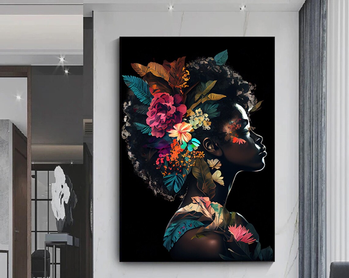 Floral Afro Woman Profile Silhouette On Black Botanical Art Poster