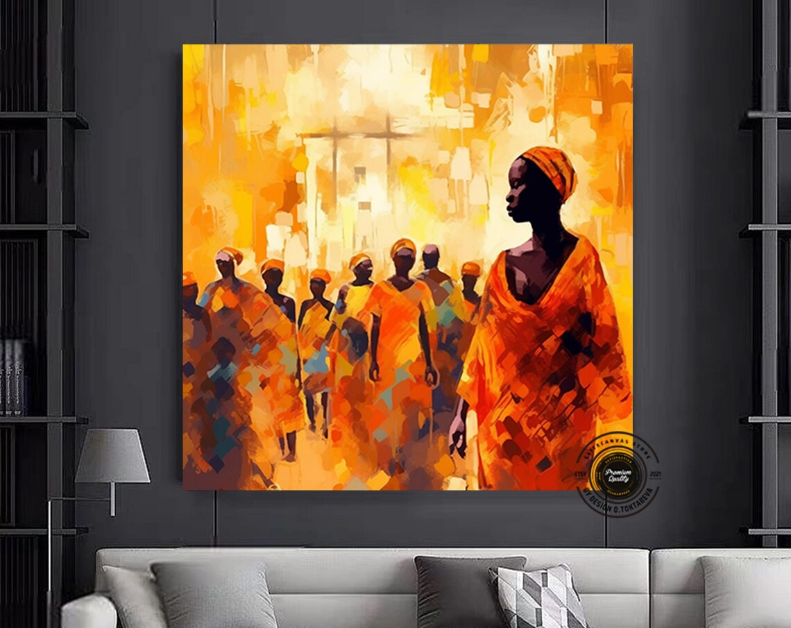 African Women Gathering in Golden Orange Abstract Oil Painting Poster