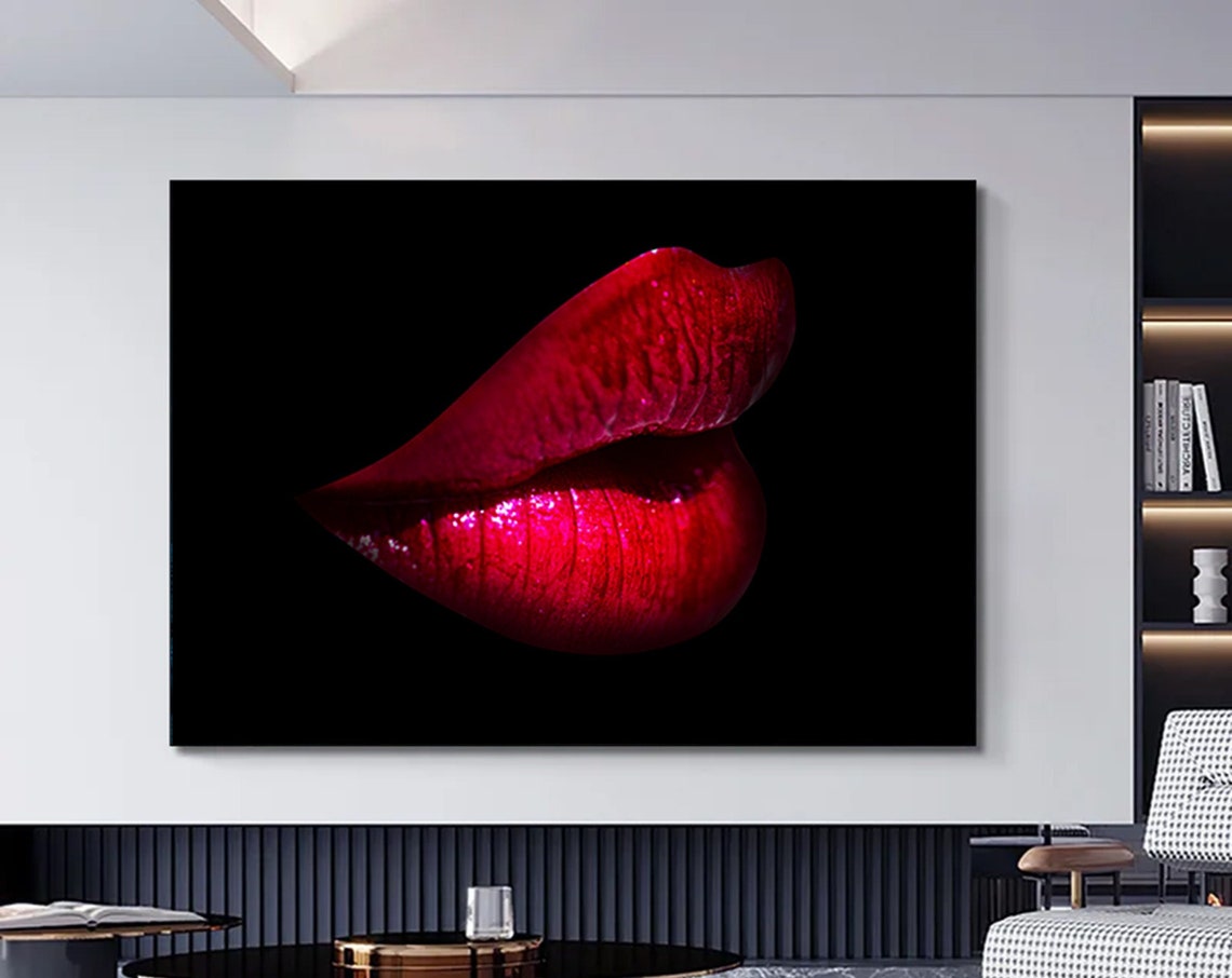 Glossy Red Lips Black Background Fashion Pop Art Decor Poster