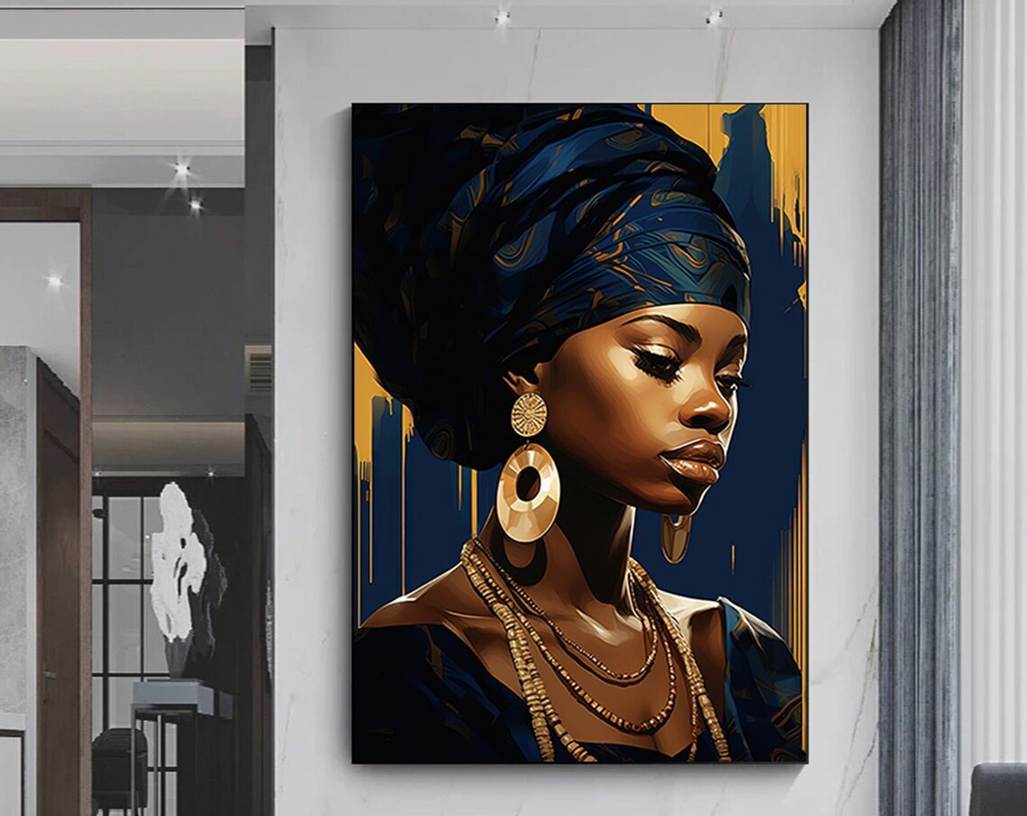 Elegant African Woman Navy Gold Headwrap Jewelry Portrait Poster